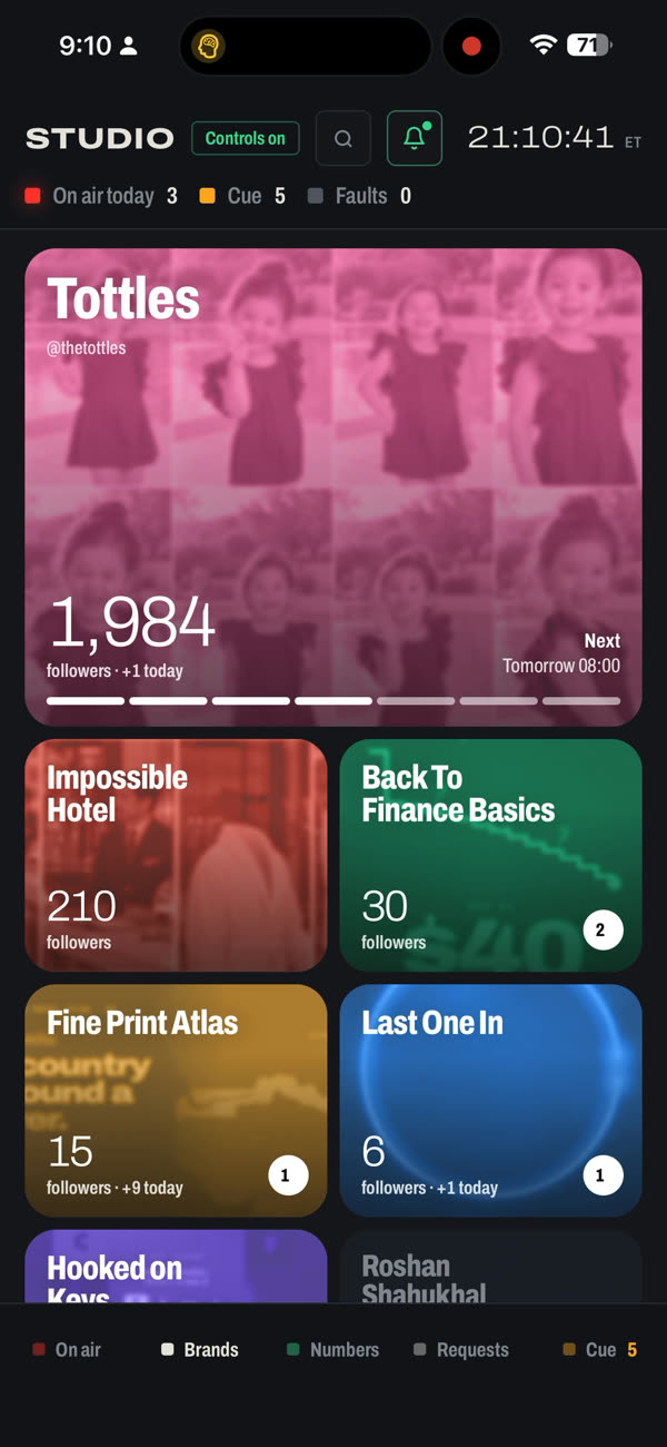 My studio dashboard on my phone, showing each channel and its followers